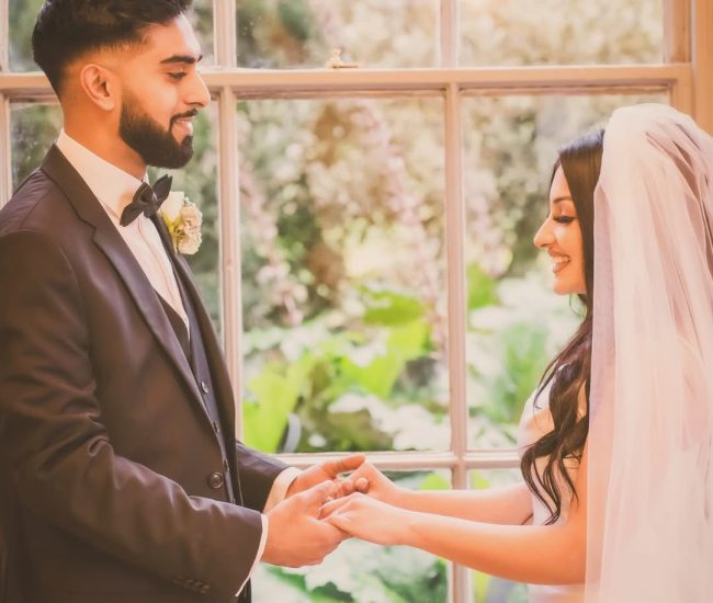 Romantic face-to-face couple pose in outdoor pre-wedding shoot
