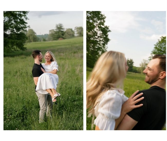 Couple posing with tall trees in the background in a Fatography pre wedding photoshoot.