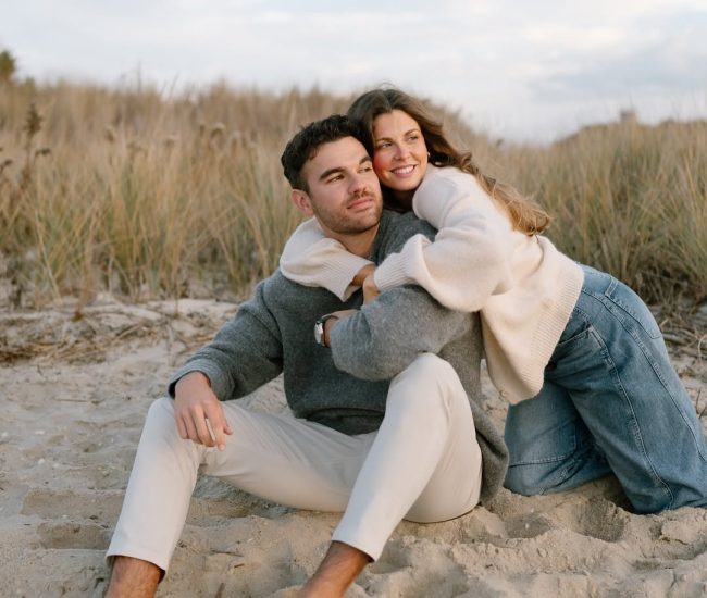 Couple sitting on a bench during a Fatography pre wedding shoot.