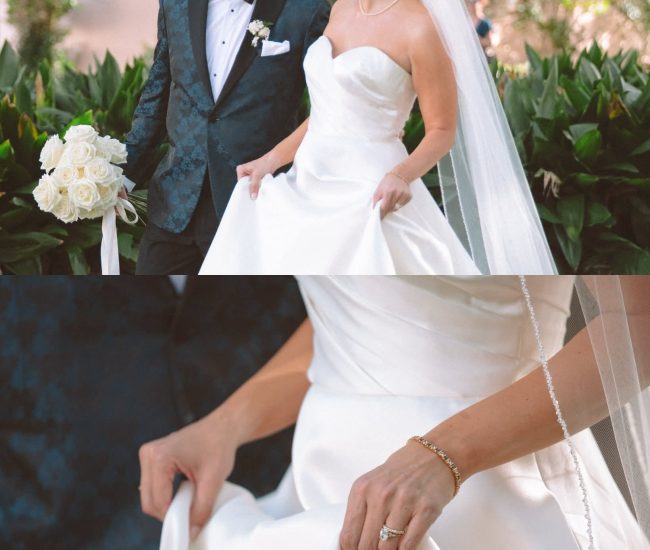 A collage of close-up wedding details, including the bride's hands, the intricate pattern of her wedding dress, and a shot of the wedding rings.