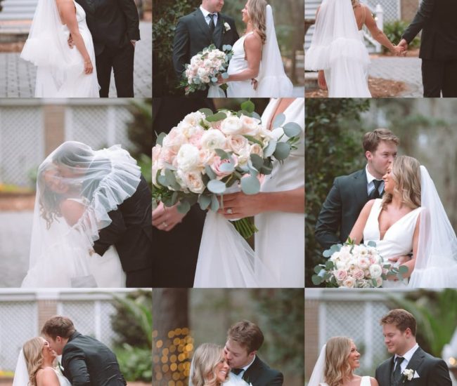 A collage of moments from the wedding day, featuring the bride, groom, and members of their wedding party smiling and laughing.